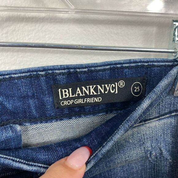 BLANK NYC JEANS EMBELLISHED CHARM SCHOOL CROP GIRLFRIEND FRAY BLUE DENIM - Picture 3 of 7